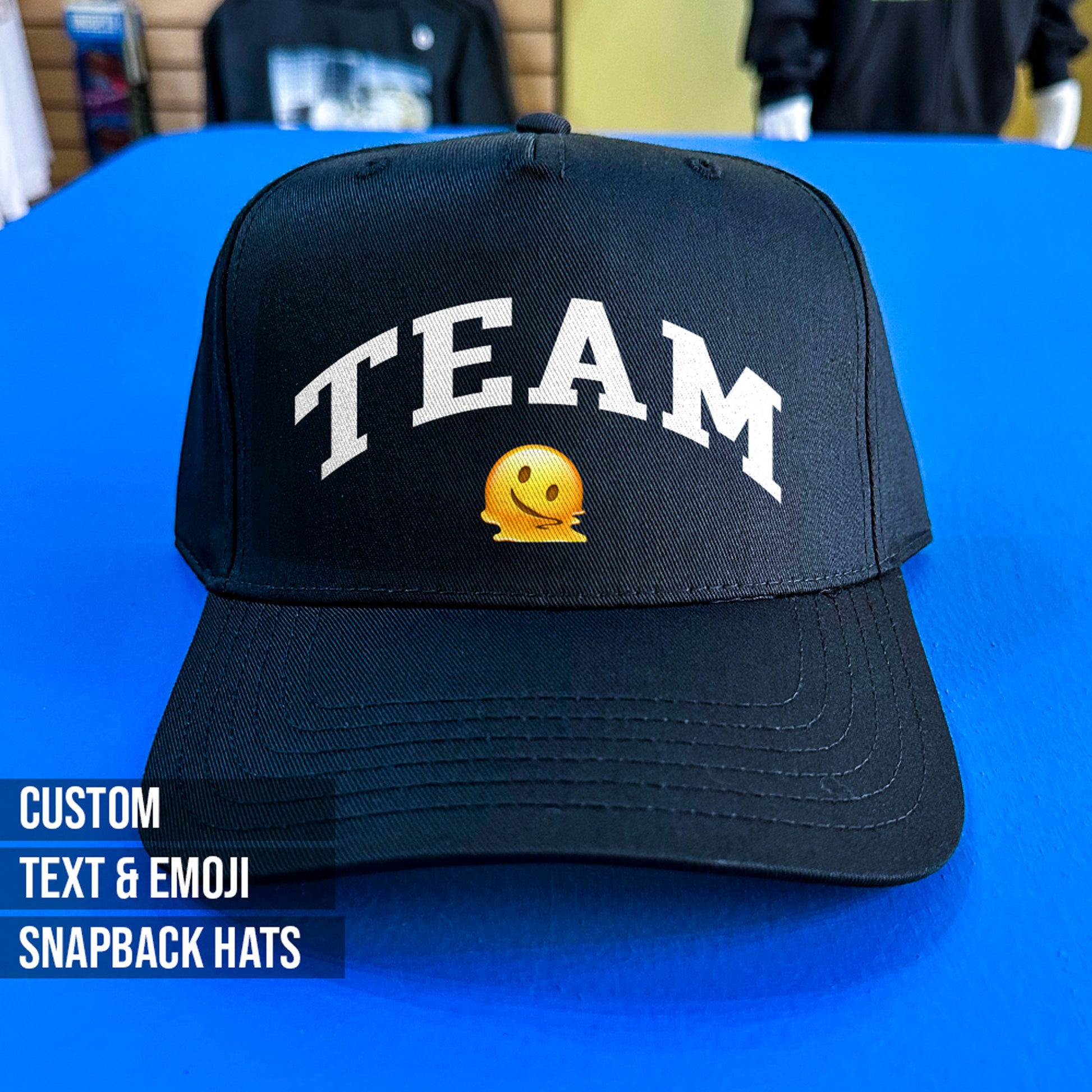 custom cap with emoji and text no minimum, ships next day