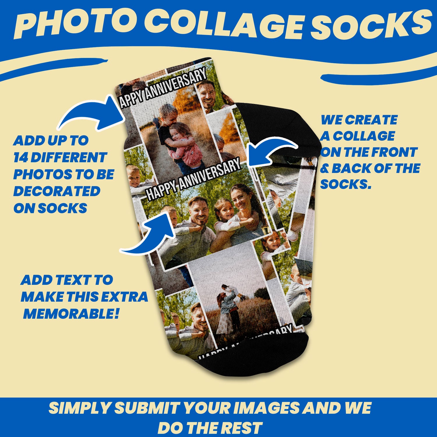 personalized photo collage gift socks with text design features such as 14 photos to decorate on socks and adding text