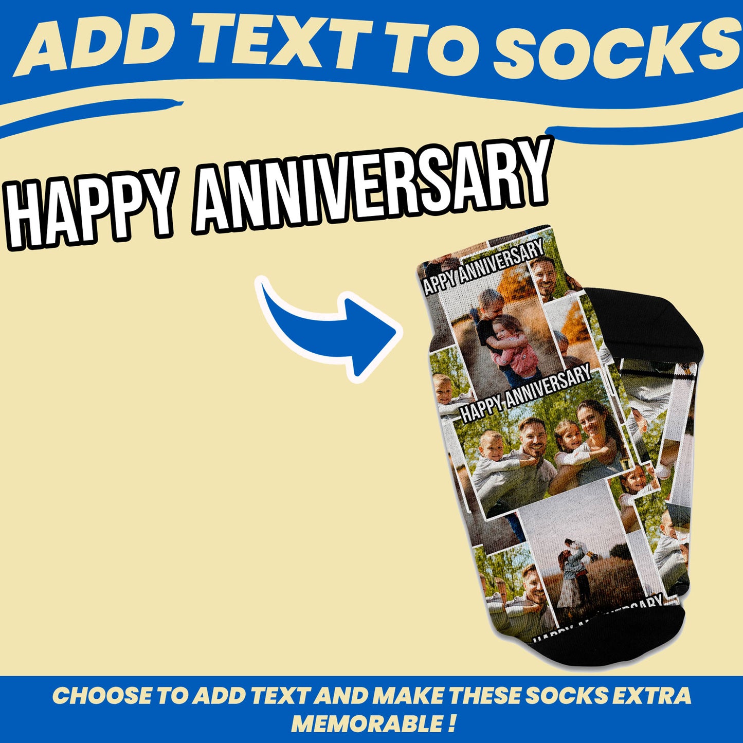 personalized photo collage gift socks with text instructions on how to add text to the collage