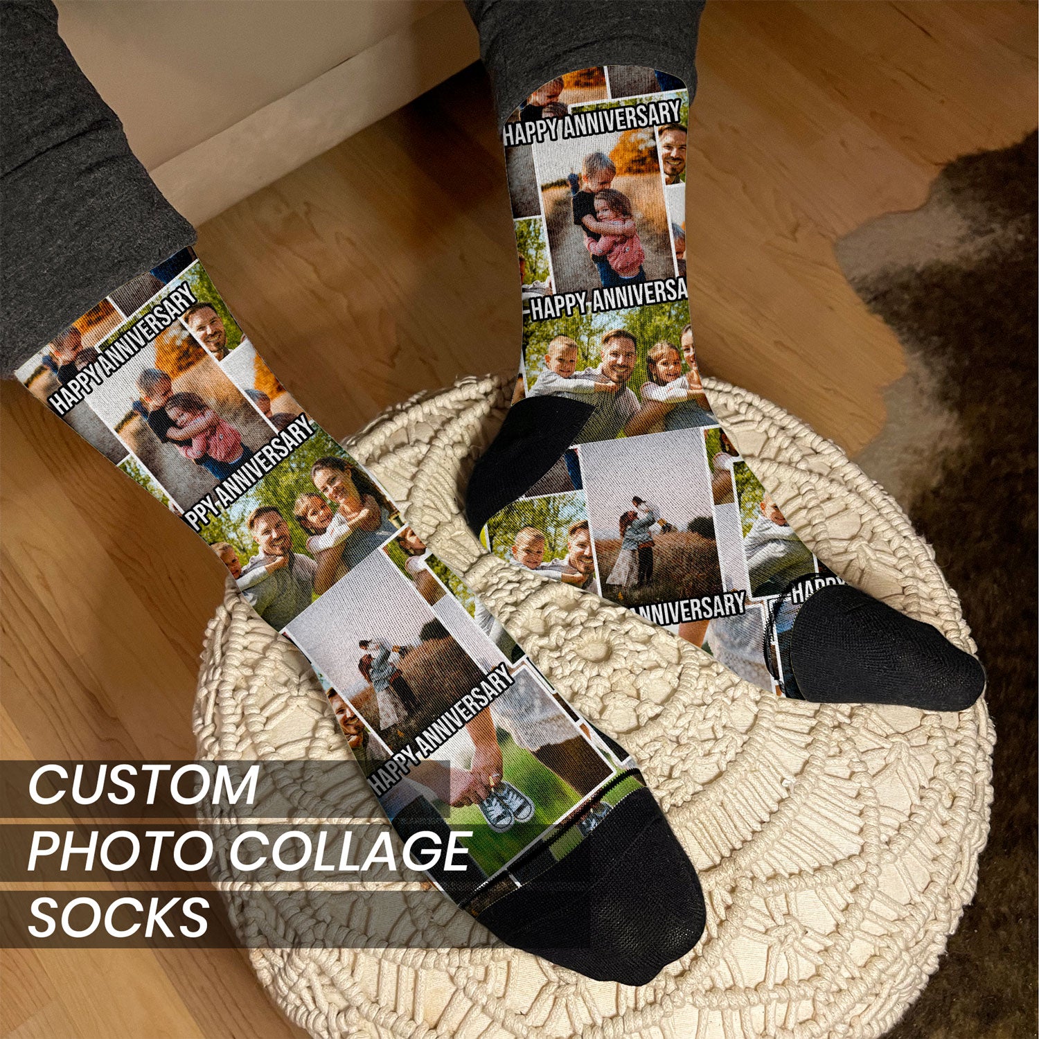 personalized photo collage gift socks with text on man&#39;s feet