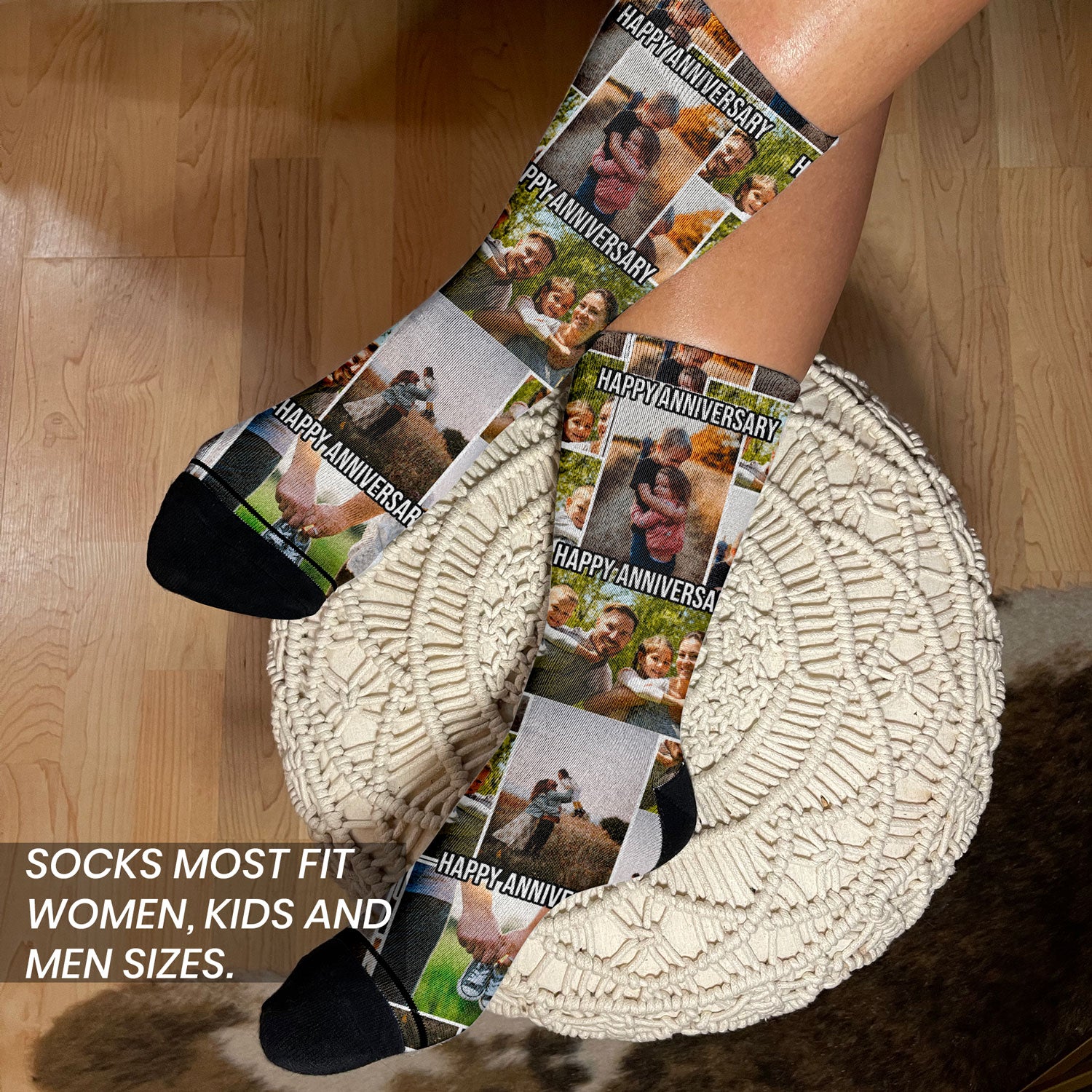 personalized photo collage gift socks with text on woman&#39;s feet