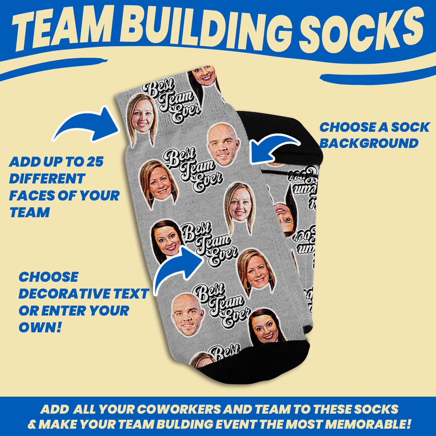 team building personalized gifts socks with faces personalization options such 25 faces to decorate on socks, sock colors options and text decoration options.