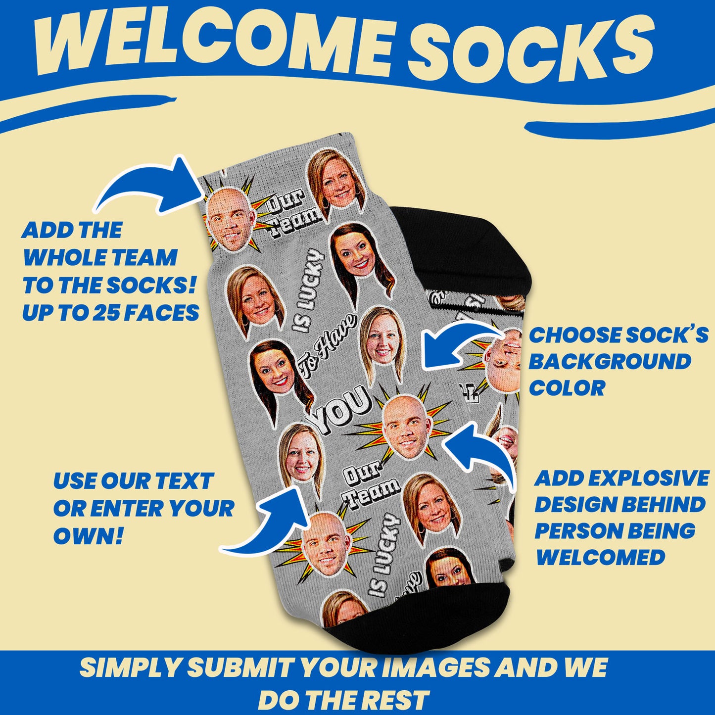 welcome to the team personalized gift socks with faces design features with 25 faces to decorated on socks, custom text and sock colors