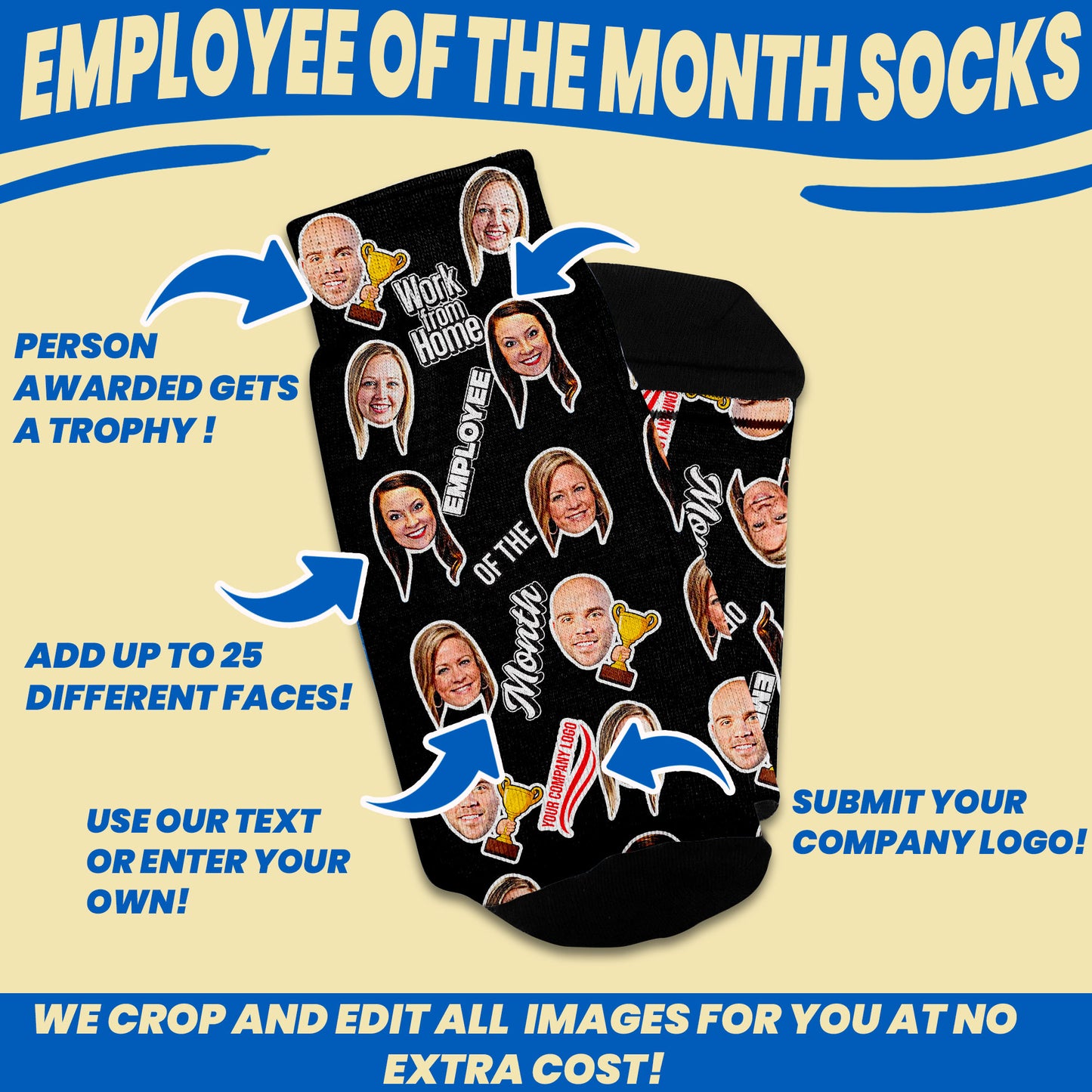 work from home employee of the month coworker gift socks with faces customization options such as multiple faces, sock color, text and more