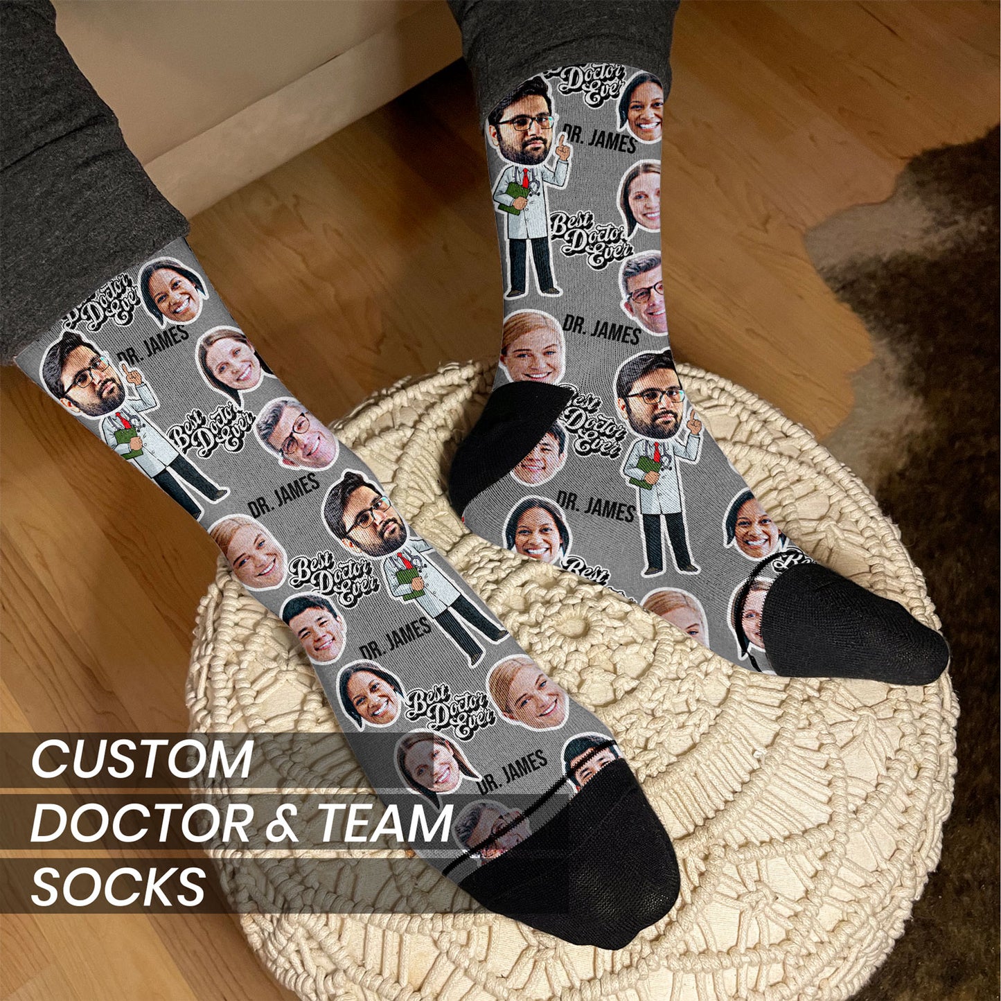 personalized socks with doctor&#39;s face and medical team in grey on male&#39;s feet