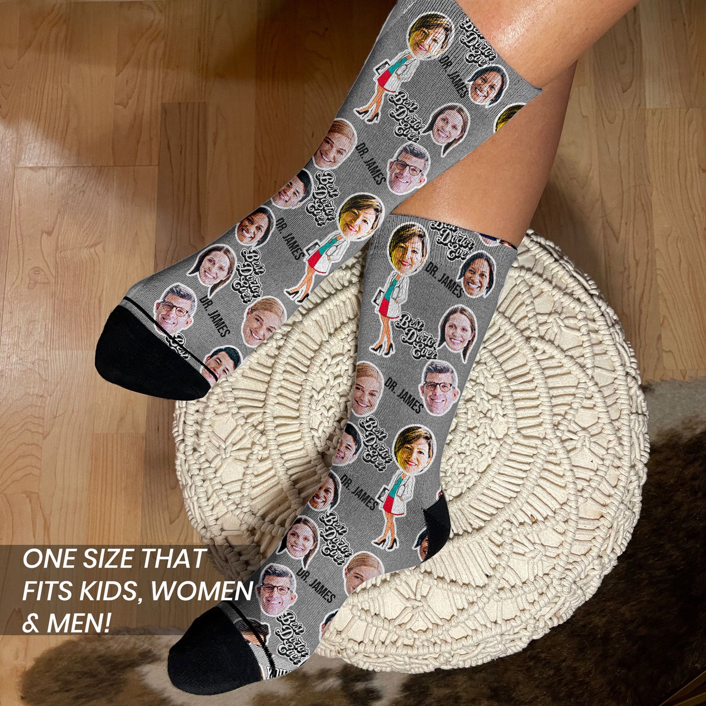 personalized socks with doctor&#39;s face and medical team on female&#39;s feet
