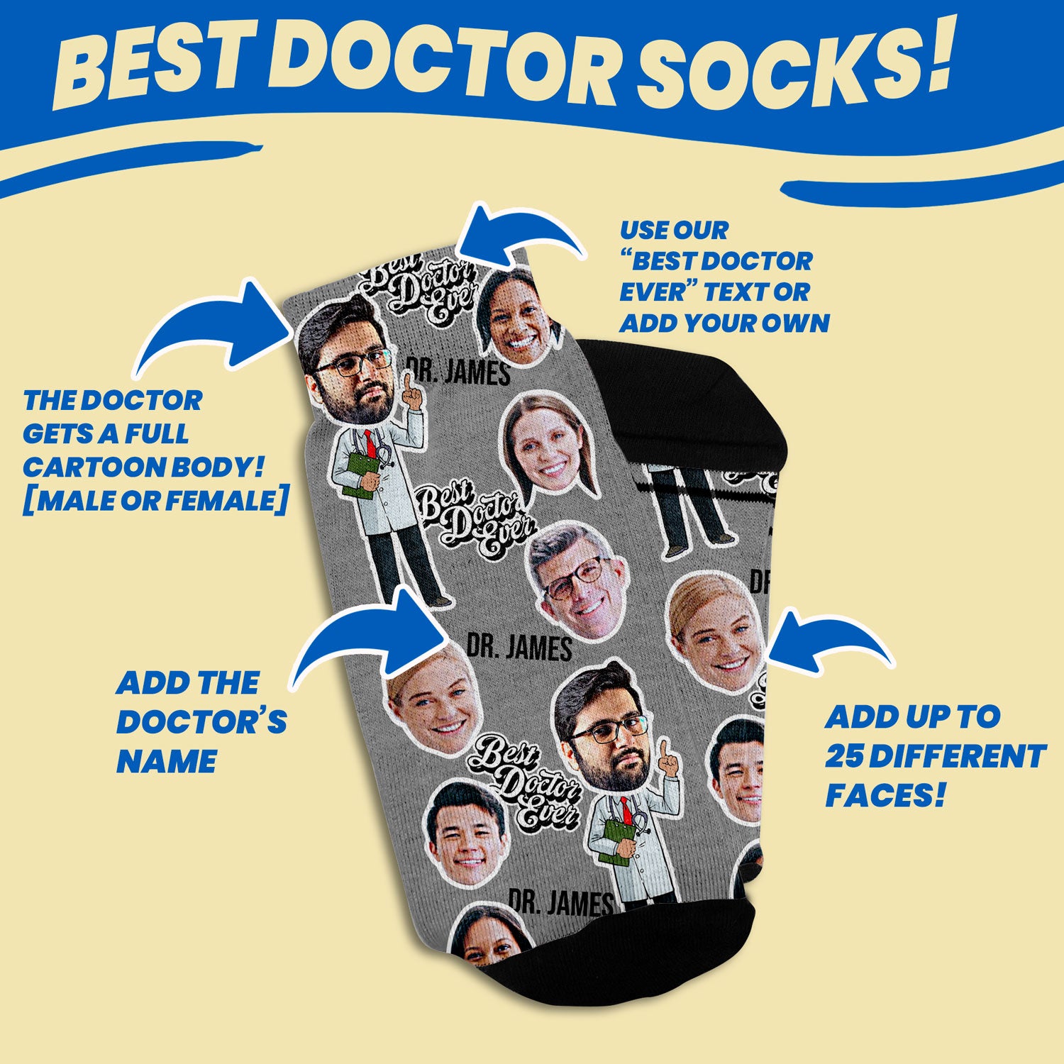 personalized socks with doctor&#39;s face and medical team design options such as adding doctor&#39;s name, adding 25 different faces and the &quot;best doctor ever&quot; text to the personalized sock
