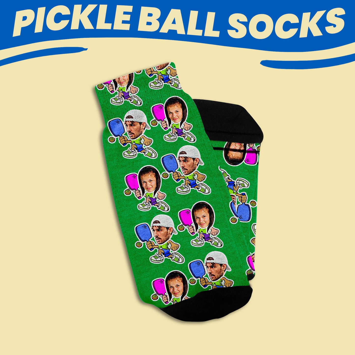 green pickleball socks with a male and female on cartoon pickleball bodies