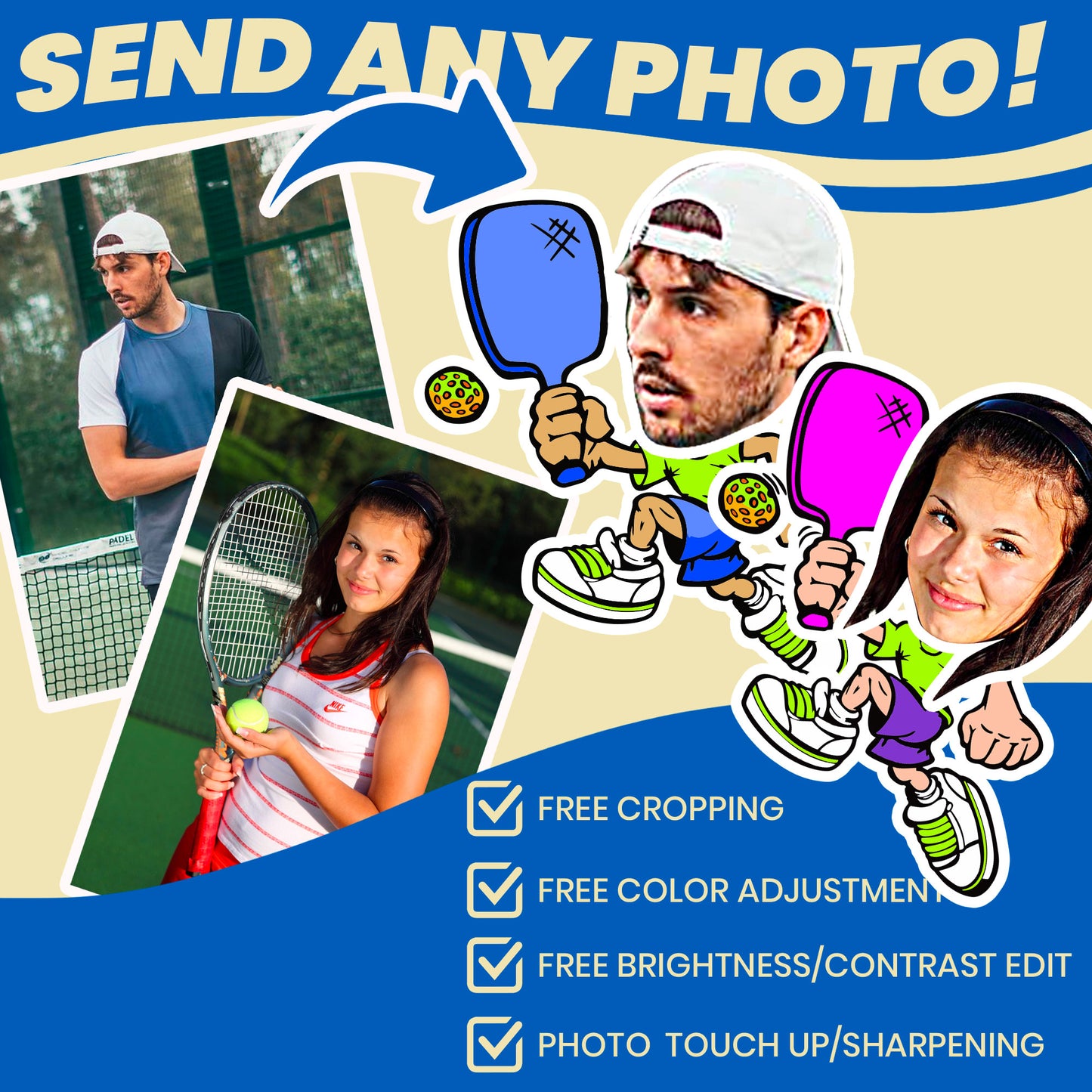 process of sending any photo and how it is cropped and edited into cartoon pickleball bodies 