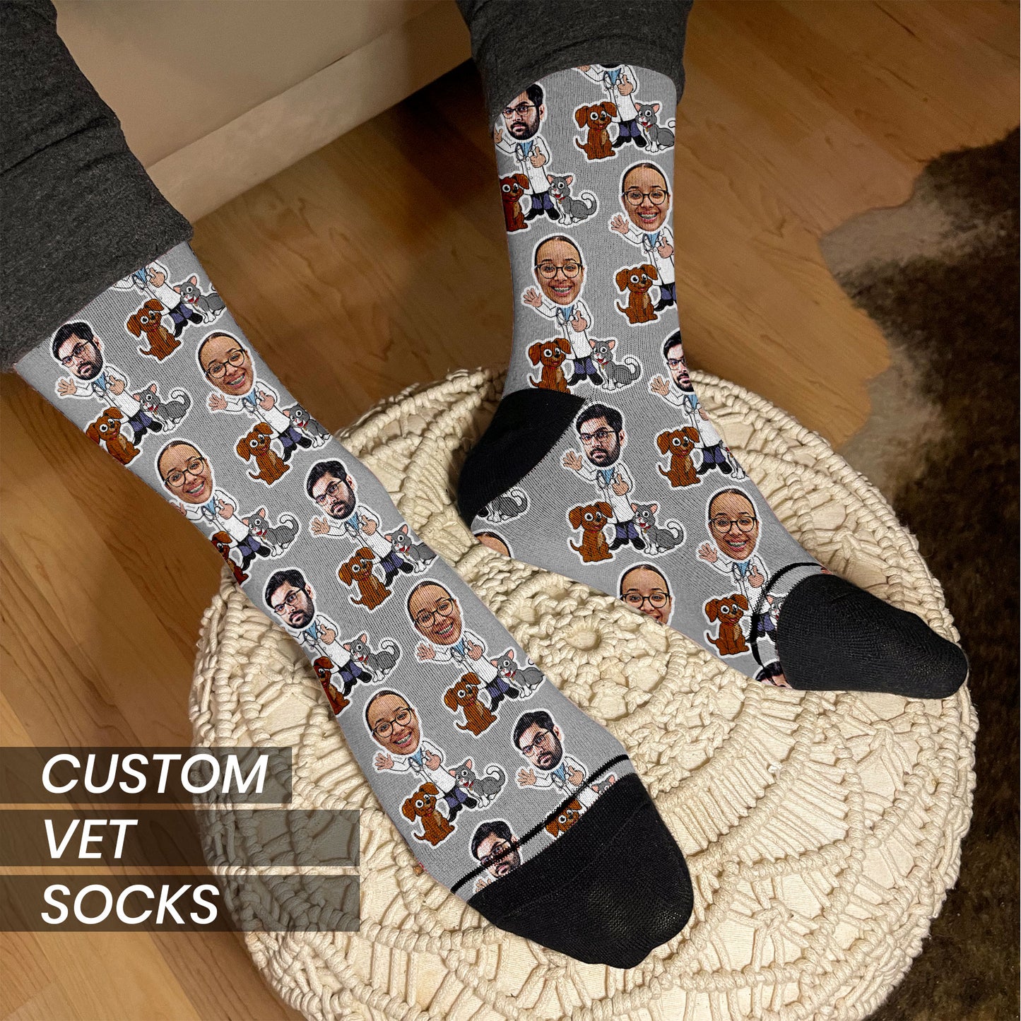custom vet socks in grey on feet