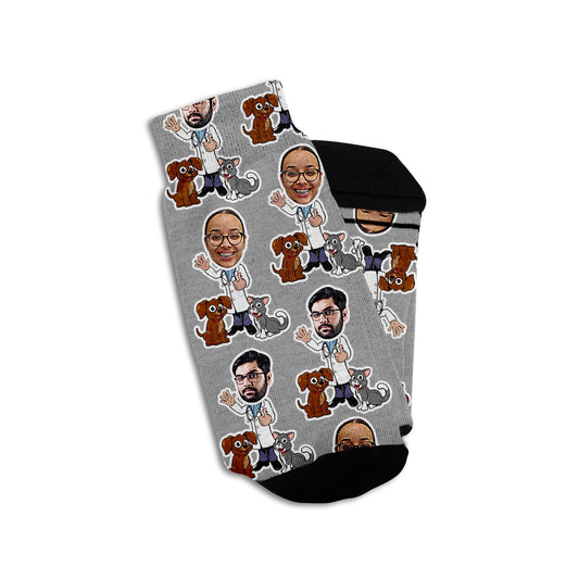 personalized socks with veterinarian cartoons and real faces on grey