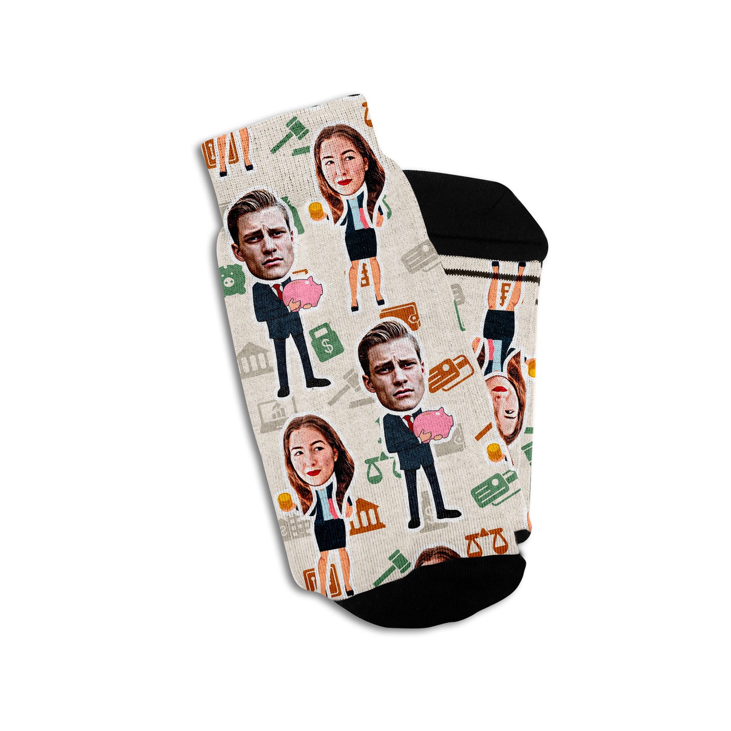 banker gift socks with baker cartoons and real people's faces