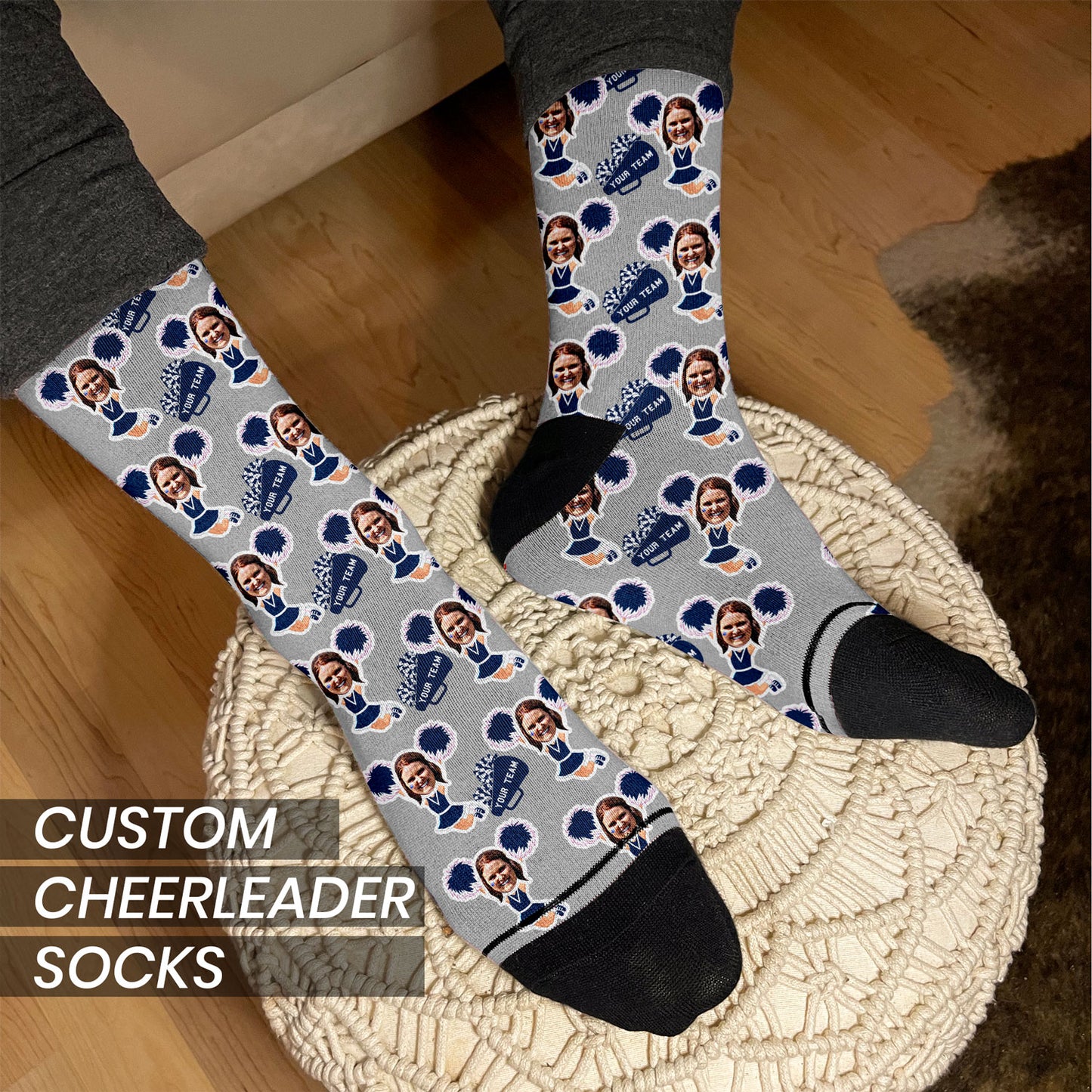 Personalized cheerleader gift socks with faces on man's feet