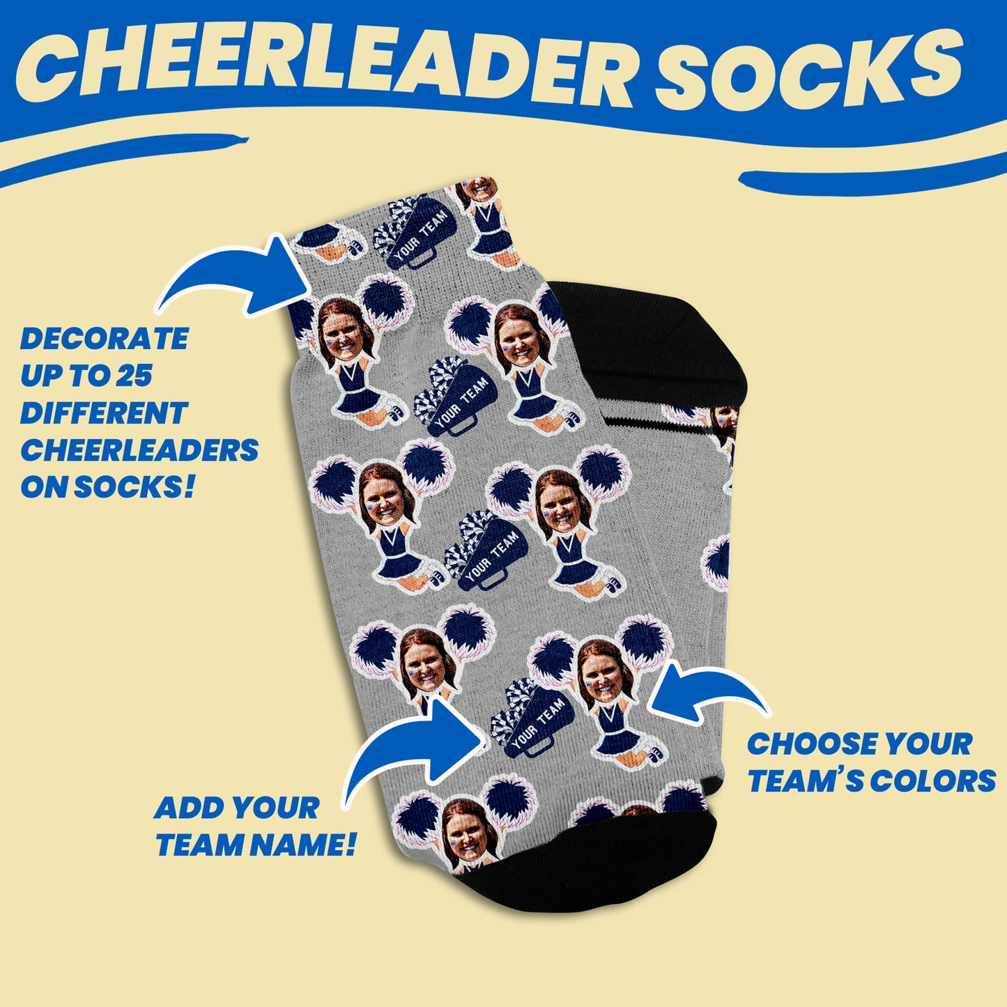 Personalized cheerleader gift socks with faces customization features
