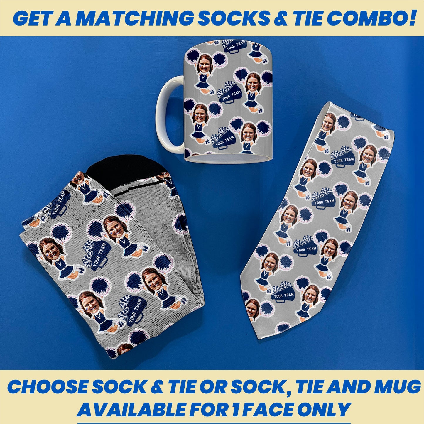 Personalized cheerleader gift socks with faces bundle with socks necktie and coffee mug