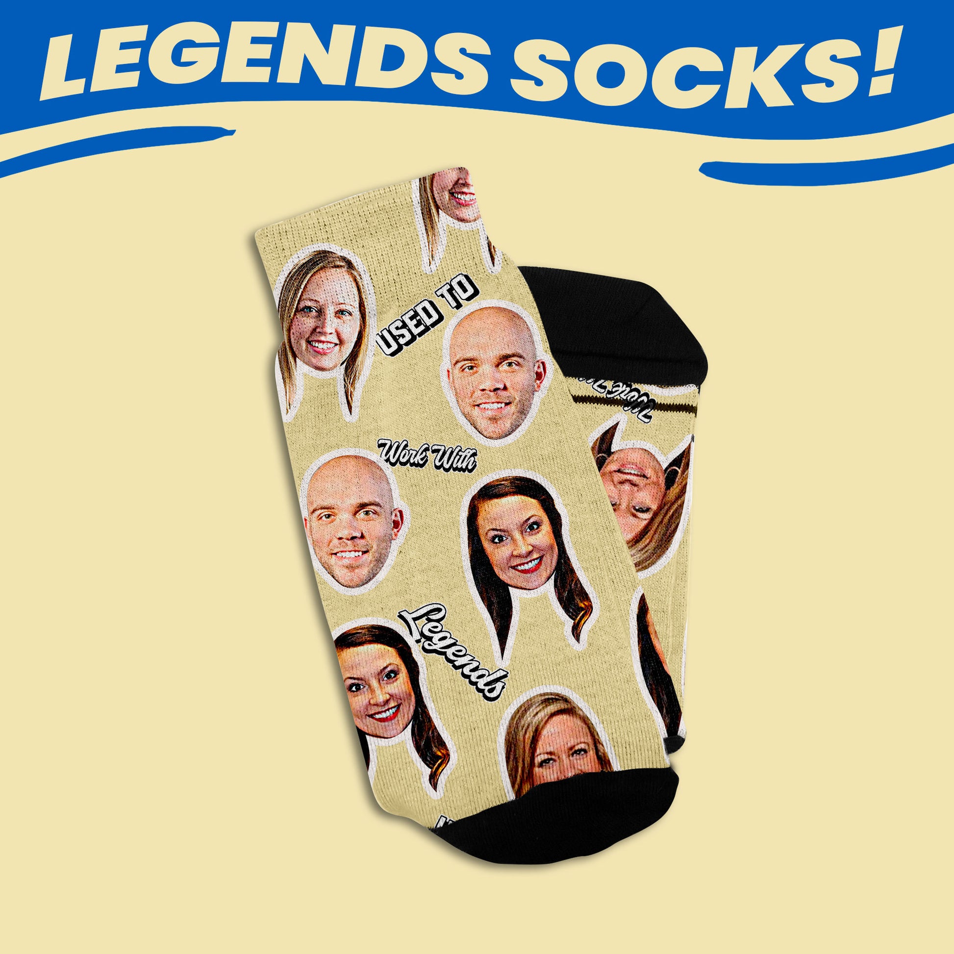 personalized socks with used to work with legends text in beige