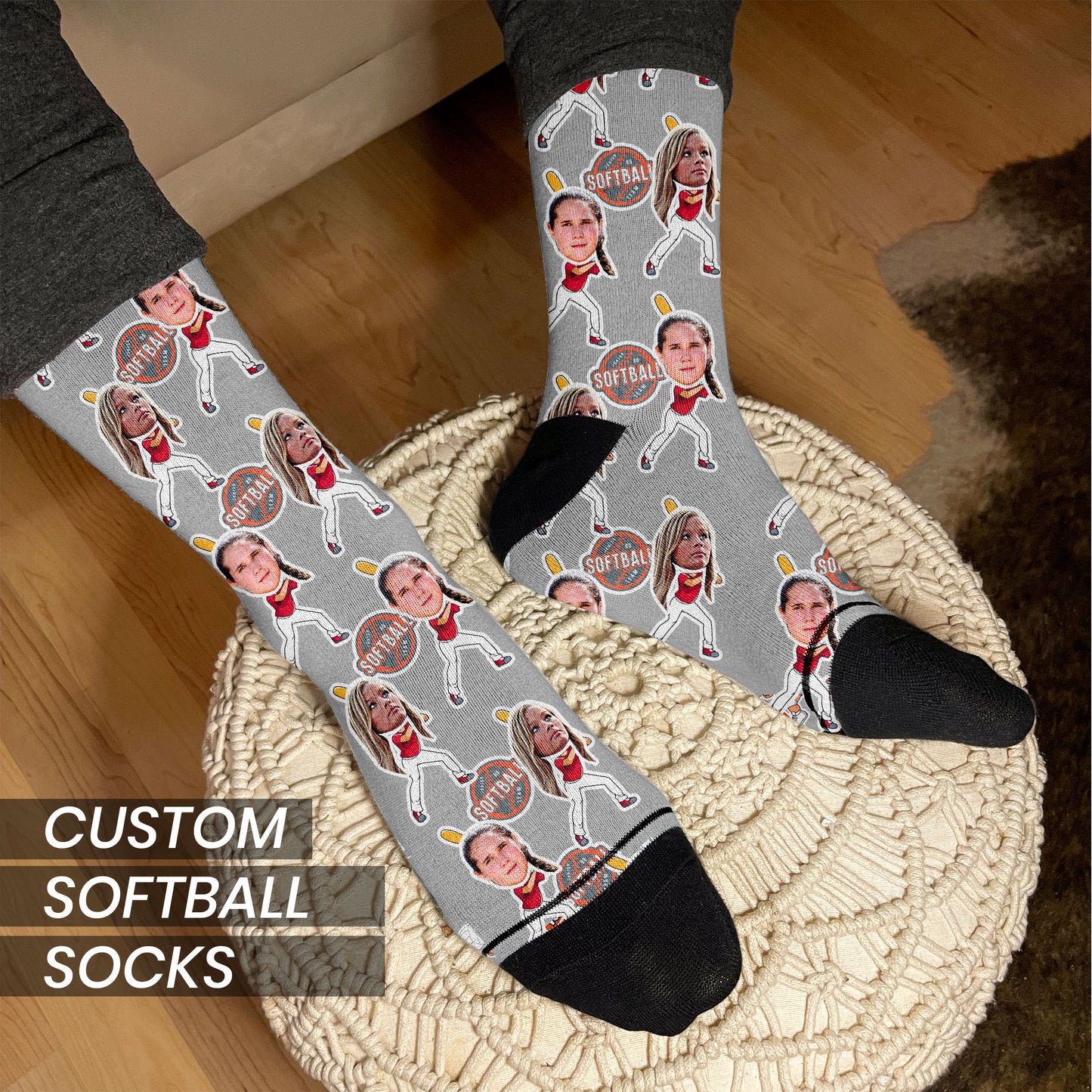 personalized softball socks with real photos on cartoon bodies on grey socks