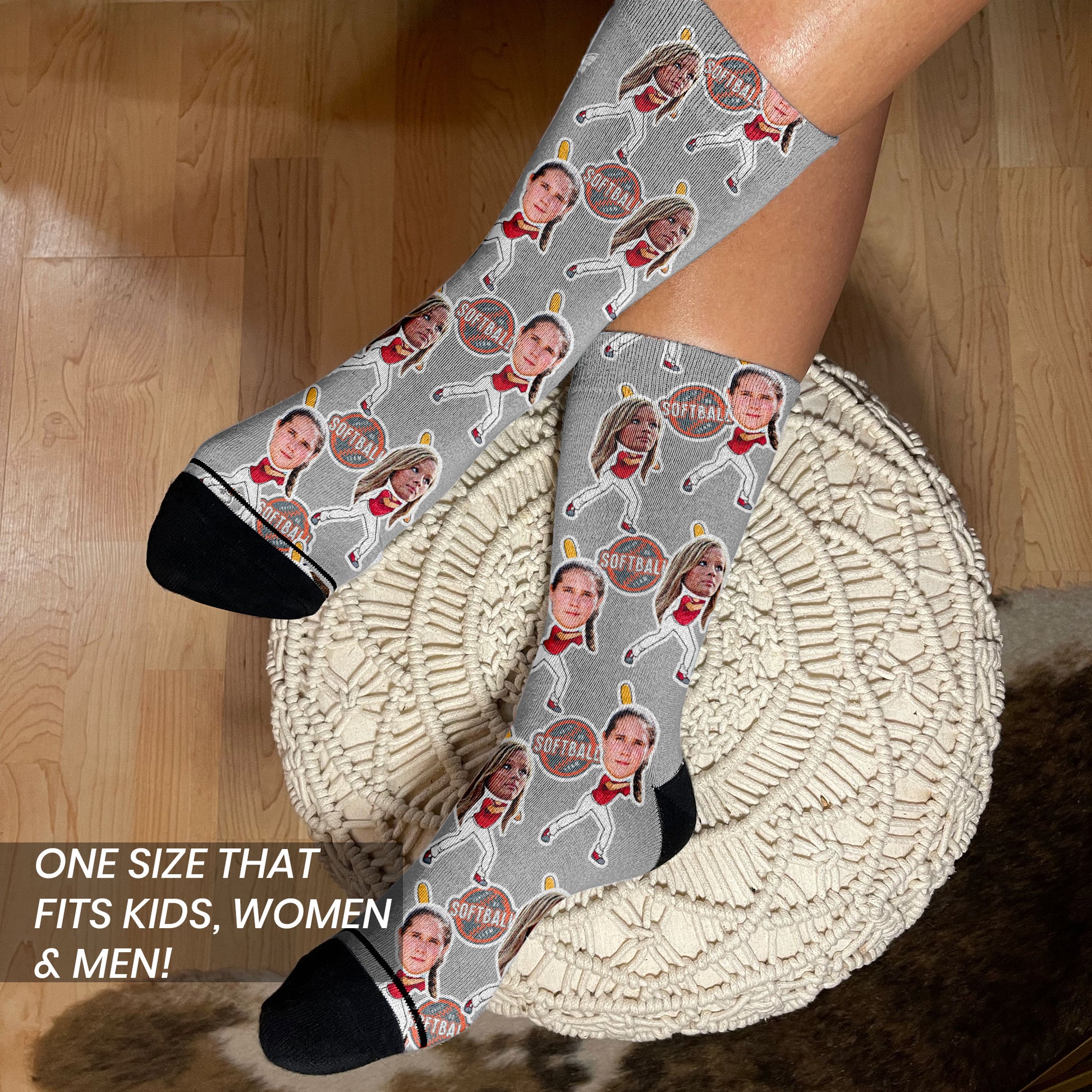 personalized softball socks with real photos on cartoon bodies on women's feet