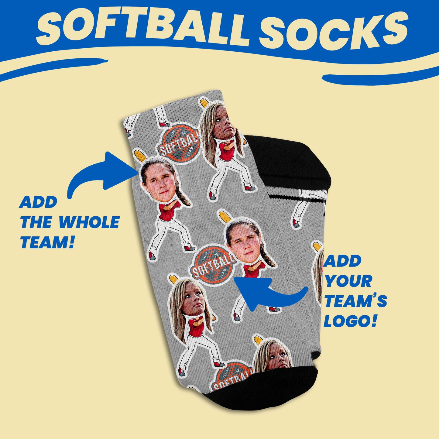 personalized softball socks with real photos on cartoon bodies with multiple team players and team logo