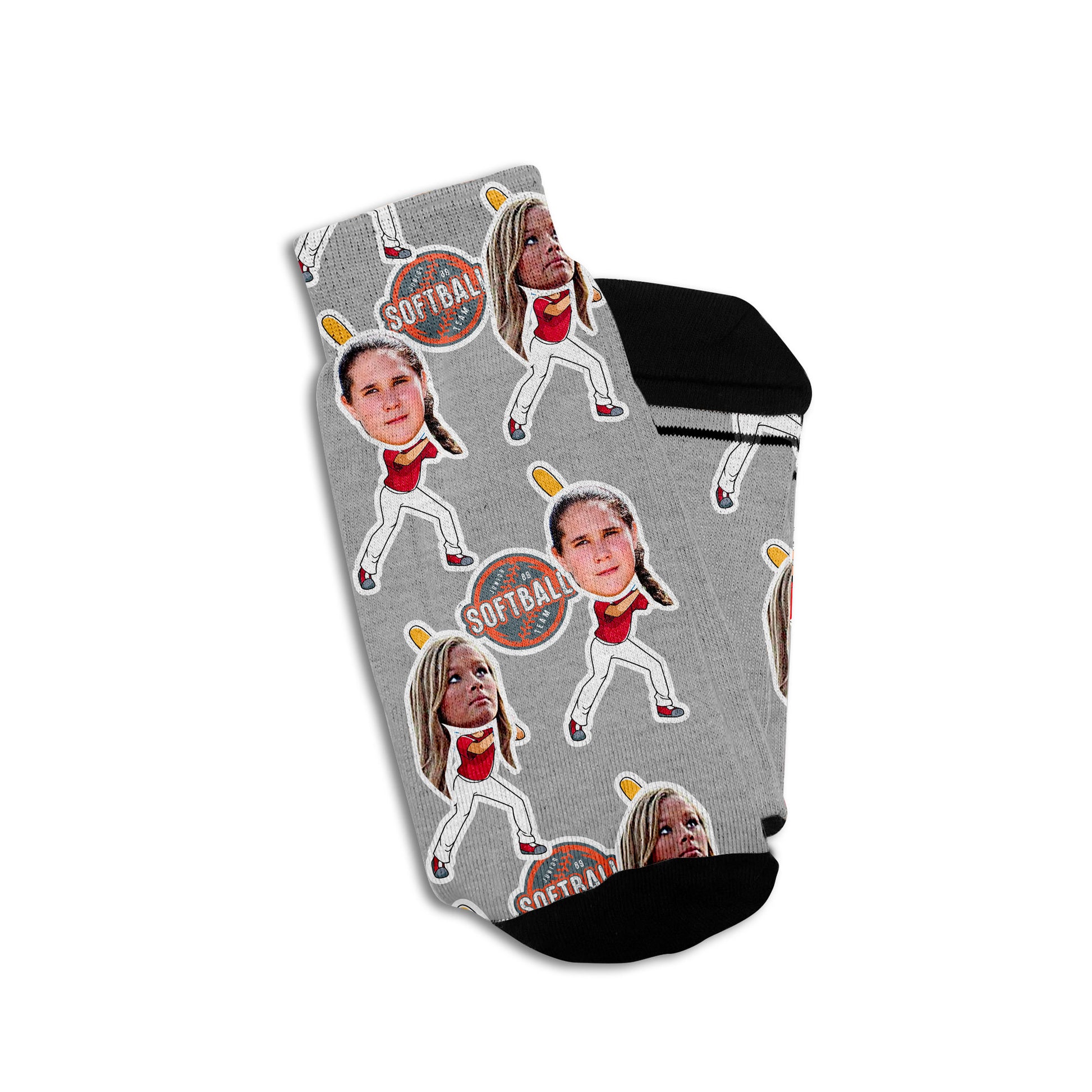 personalized softball socks with real photos on cartoon bodies on grey socks