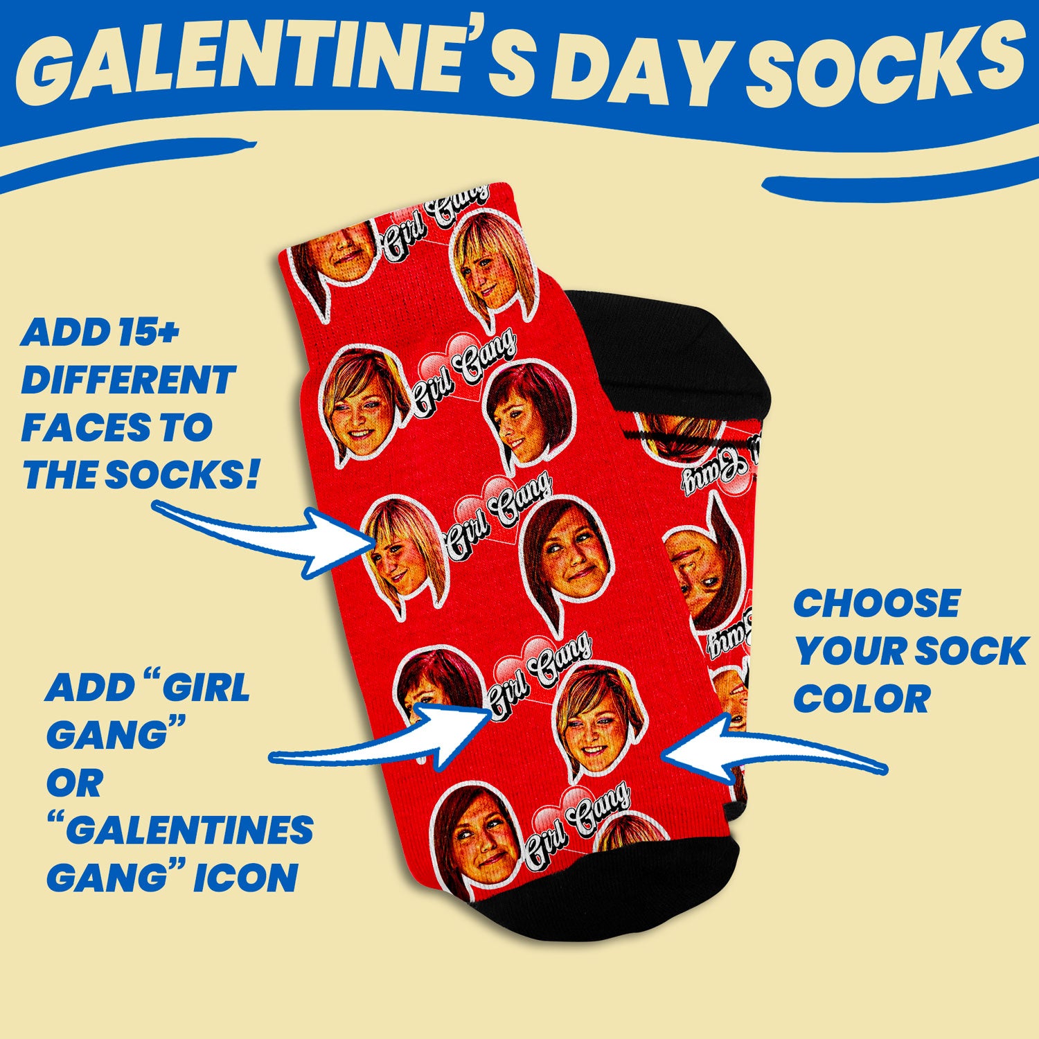 personalized galentines day gift socks with faces in red