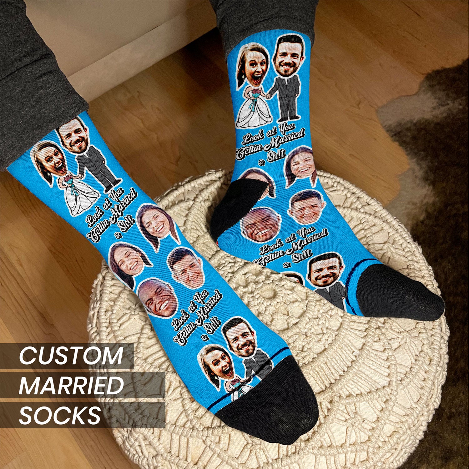 personalized wedding gift socks with couple and friends on light blue socks