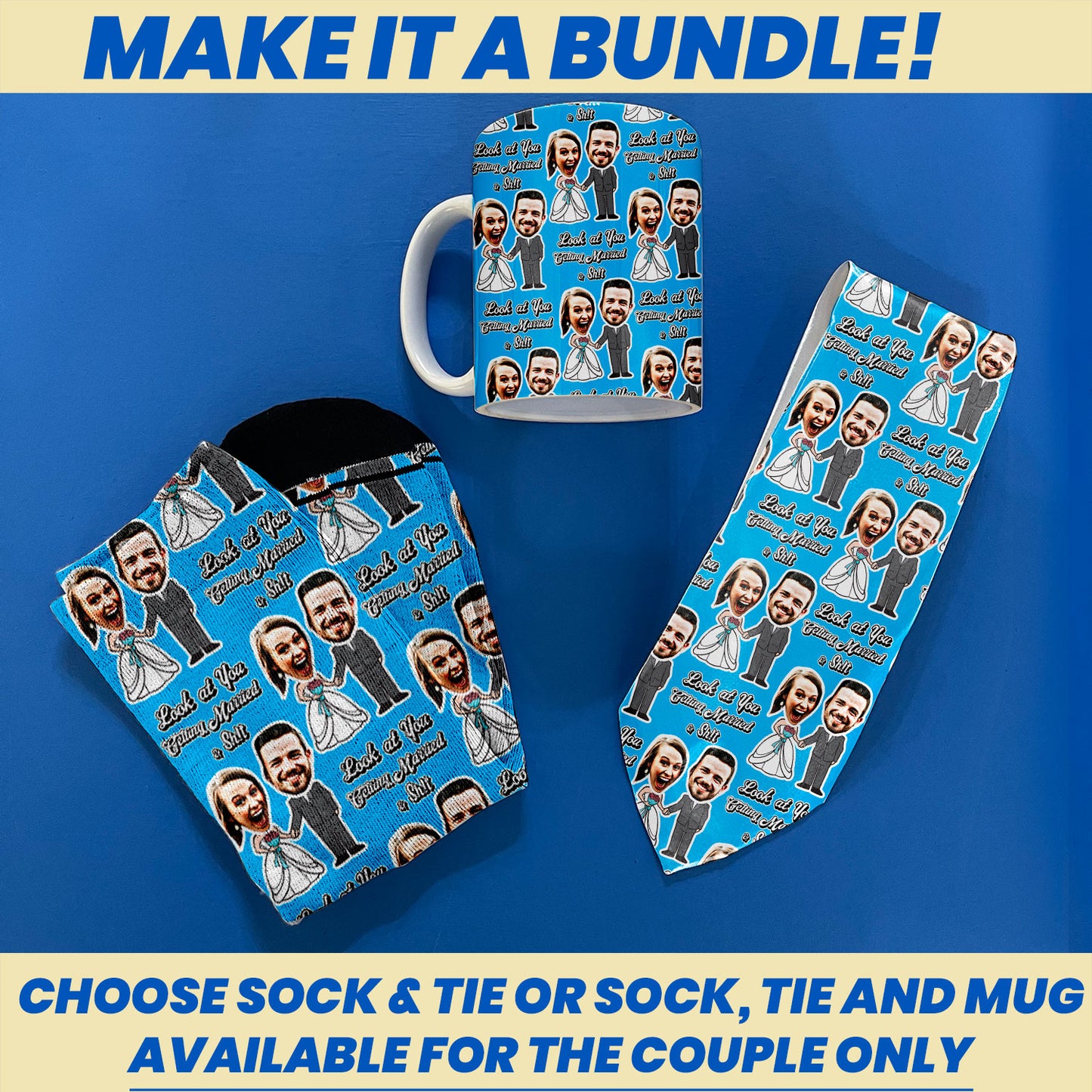 unique wedding gift for couples personalized socks with faces bundle of necktie, coffee mug and socks