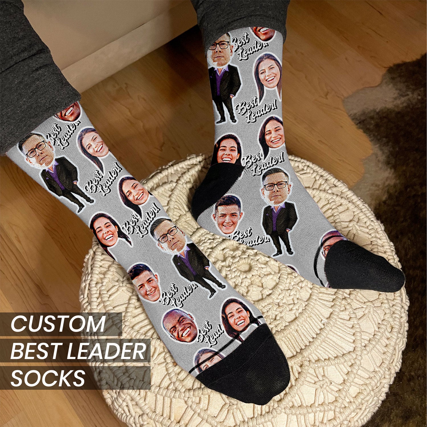 personalized socks for boss day with faces of coworkers on a grey sock