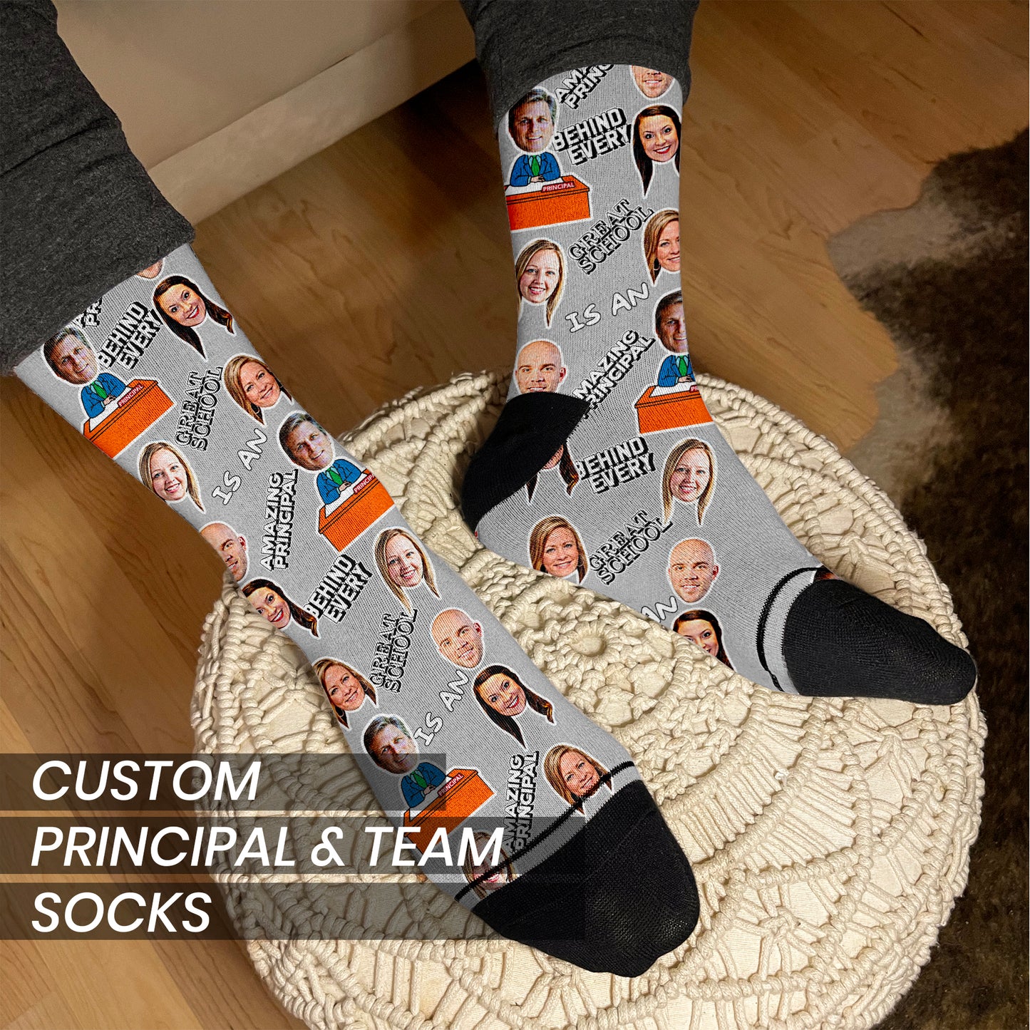 personalized school principal socks with faces of the staff on man's feet