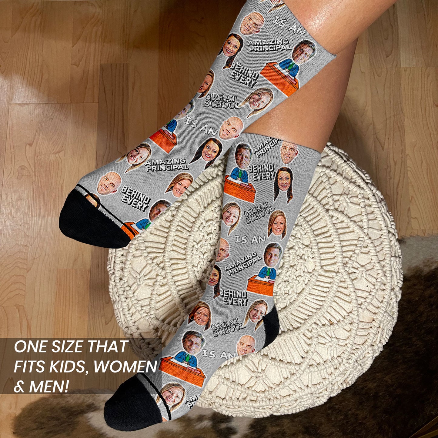 personalized school principal socks with faces of the staff on woman's feet