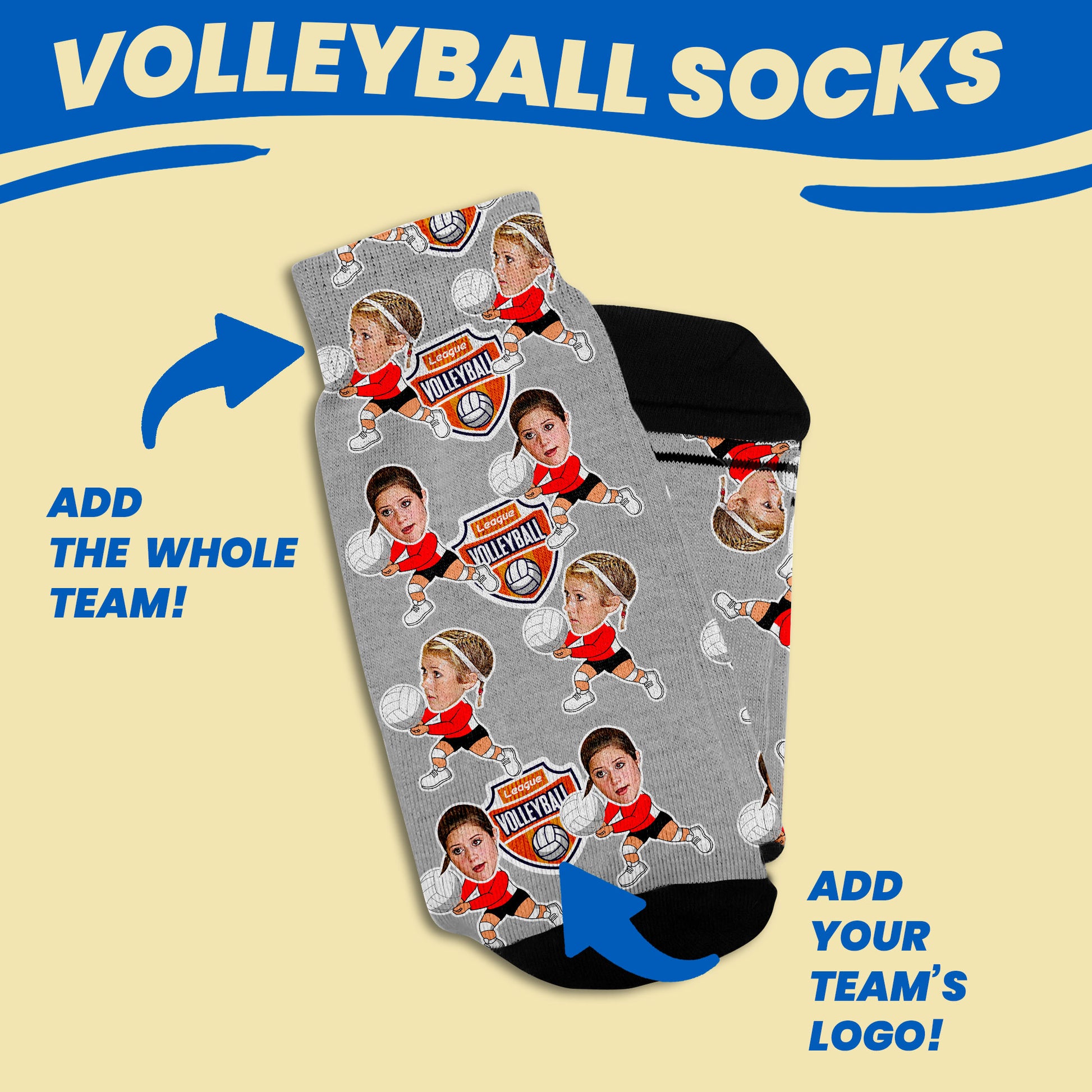personalized volleyball socks with players faces and cartoon bodies where you can add your team logo