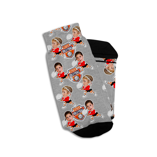 personalized volleyball socks with players faces and cartoon bodies on grey socks
