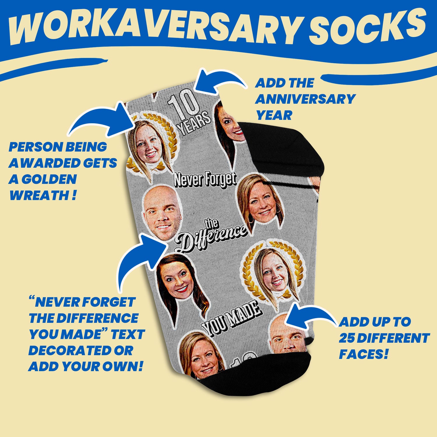 employee anniversary personalized socks with coworkers faces design features