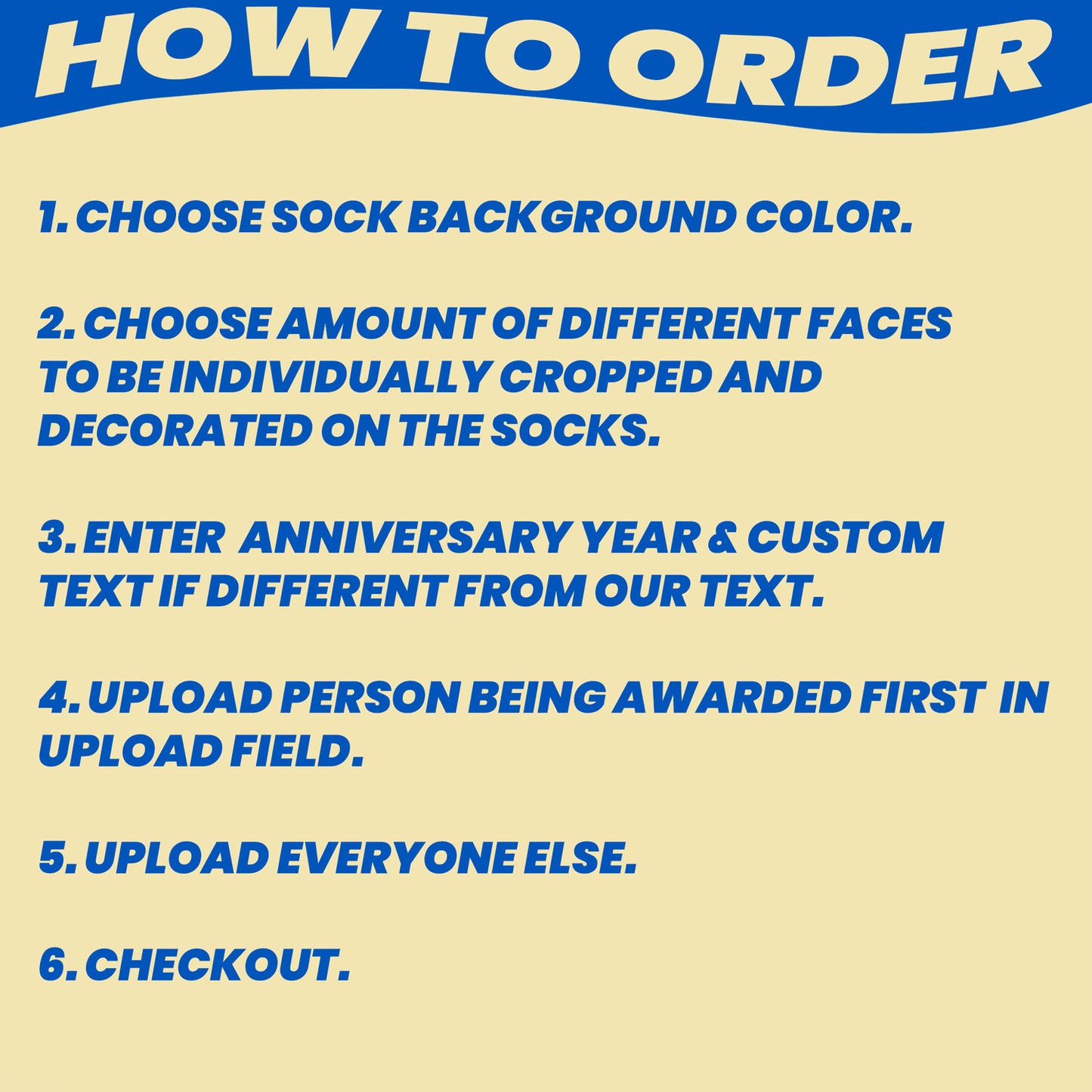 employee anniversary personalized socks with coworkers faces instructions on how to order